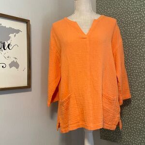 Soft Surroundings Orange Muslin Tunic 3/4 Sleeve V-Neck Blouse Size Medium